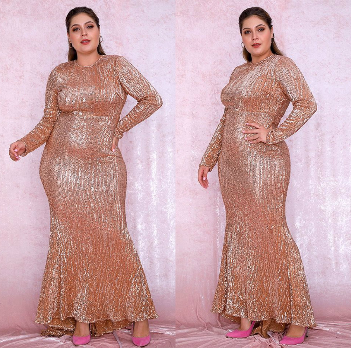 

2020 Plus Size Prom Dresses Champagne Jewel Neck Sparkly Elastic Long Sleeve Evening Dress Custom Made Formal Gowns Robes De Soirée, Hunter green