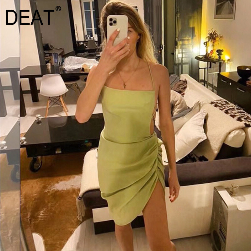 

DEAT 02020 new summer straps asymmetrical covered hips drawstring sexy vacation dress girl' club clothing WL94206L, Green