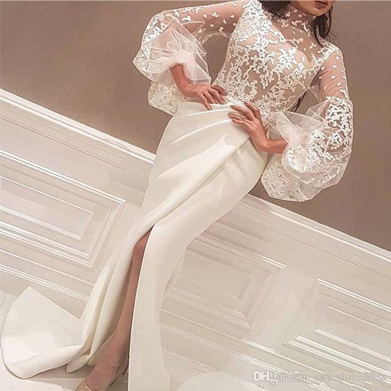 

2019 Newest High Neck White Arabic Evening Dresses Floor Length Lace Appliques Long Big Sleeve Mermaid Side Slit Prom Gowns, Black;red
