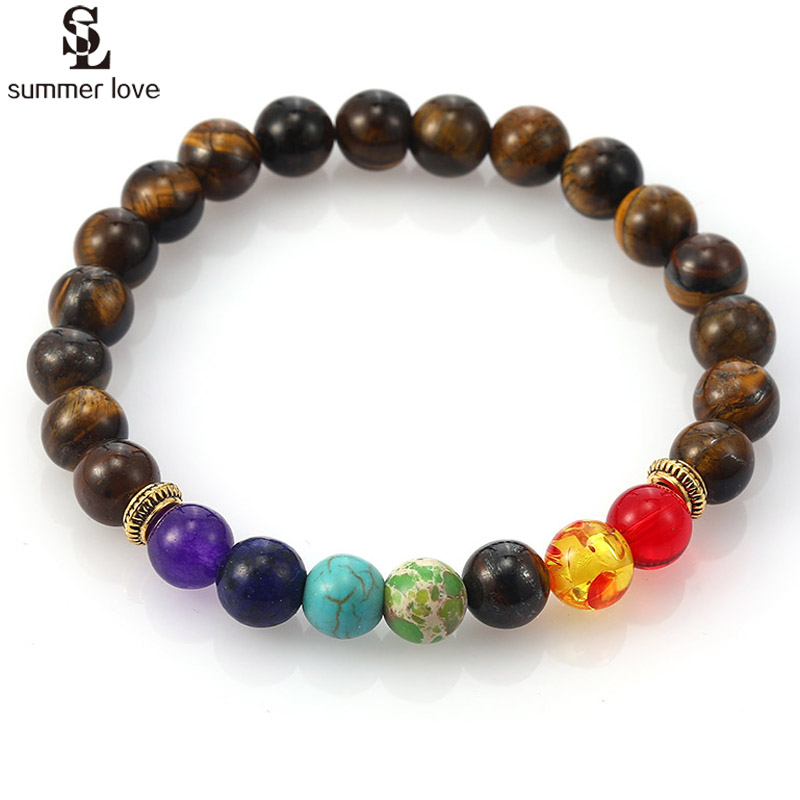 

Natural Stone Tiger Eye Bead Bracelets Handmade Elastic 7 Chakra Prayer Strand Bracelet for Women Men Yoga Jewelry
