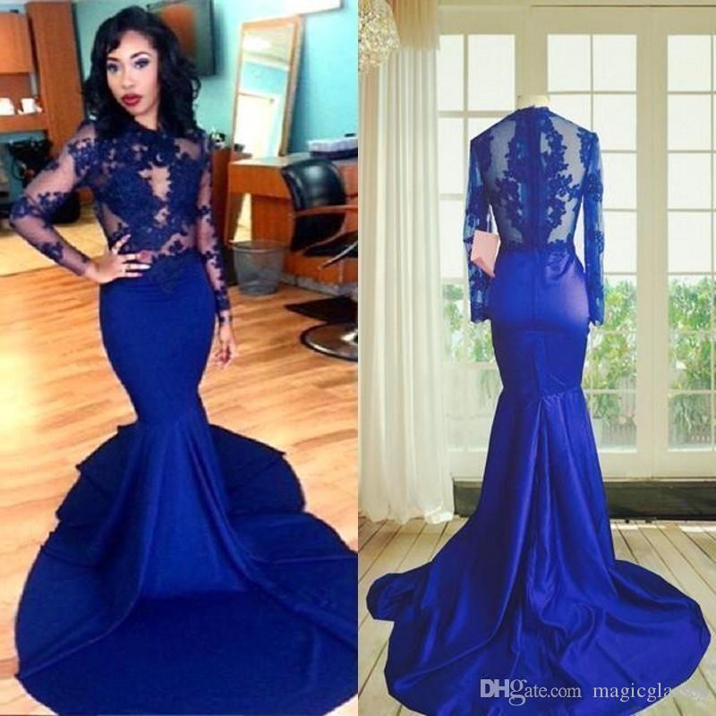 

2019 African Long Sleeve Prom Dresses Jewel Neck Lace Appliqued Sweep Train Satin Mermaid Royal Evening Dressess for Black Girls Paty Wear, Blue