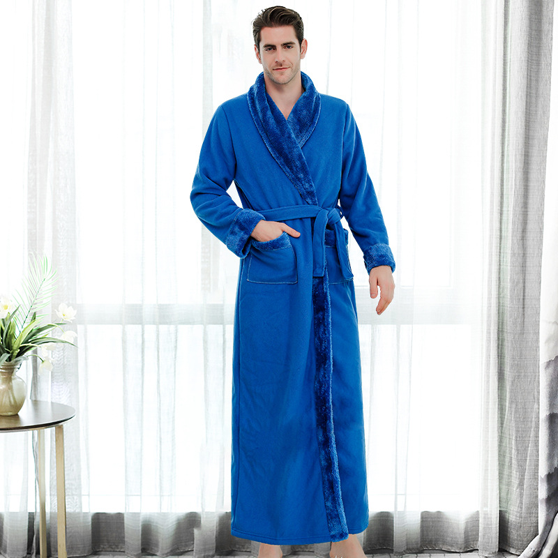 

Thick Warm Flannel Coral Fleece Waffle Bathrobe Men Extra Long Plus Size Pajamas Luxury Dressing Gown Male Bath Robe, White