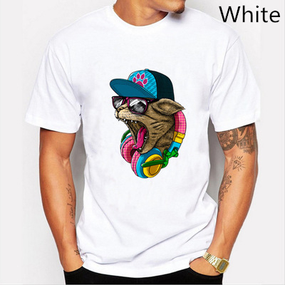 

Fashion Arrival Men 'S Fashion Crazy Dj Cat Design Animals Print T Shirt Cool Polyester Tops Short Sleeve Hipster Asian Size Tees, White
