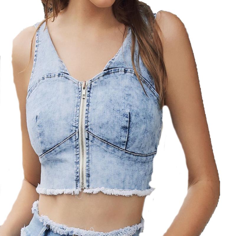 

Front Zipped Sexy Bandage Crop Top Women Slim Short Tank Camisole Camis Bustier Bralette Workout Fitness Solid Denim Tee Vest, Sky blue