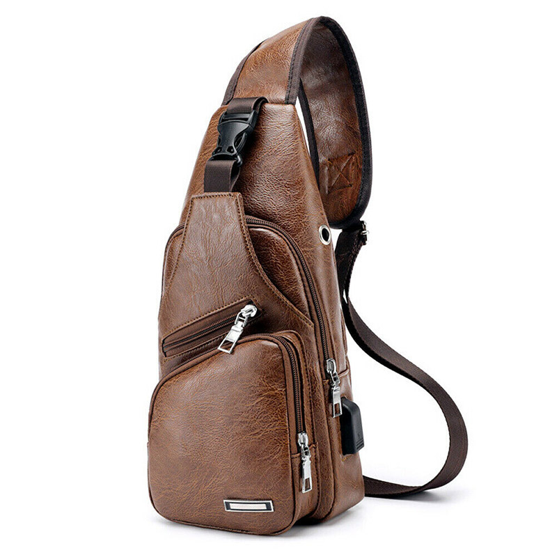 

New Men Shoulder Bag USB Charging Sports Crossbody Sling Chest Pack Bag Drop Shipping, Dark brown