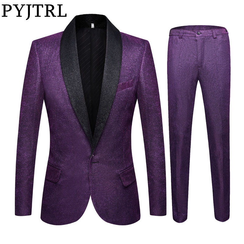 

PYJTRL Mens Shiny Purple 2 Pieces Set Suits Latest Coat Pant Designs Wedding Suits Tuxedos Party Prom Singers Clothing, Purple suits
