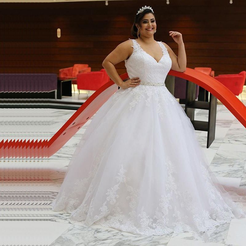 

New Arrival Plus Size Wedding Dresses 2020 Sleeveless V Neck Floor Length Beaded Sashes Wedding Bridal Gowns, Pink