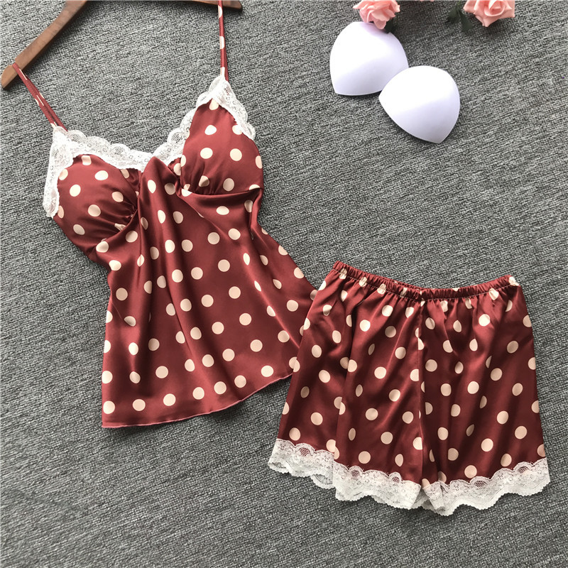 

2019 Summer Women Sexy Silk Pajamas Sets With Shorts Female Satin Lace Backless Pyjama Flower Print Pijama With Chest Pads