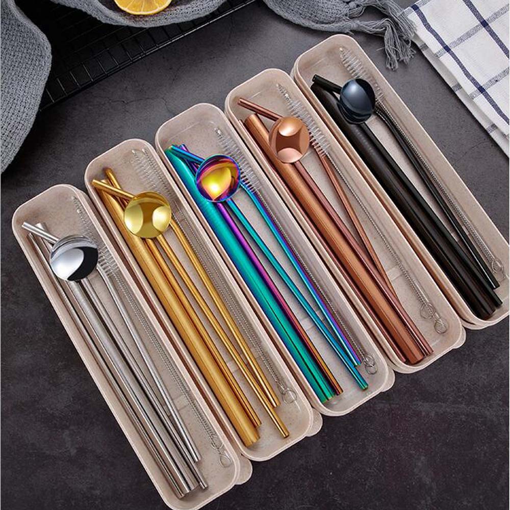 25cm Stainless Steel Spoon Straw with Cleaning Brush,Eco Friendly and Reusable Spoon Straws,Long Metal Drinking Straws for Cocktail and Bubble Tea，Coffee Set of 4