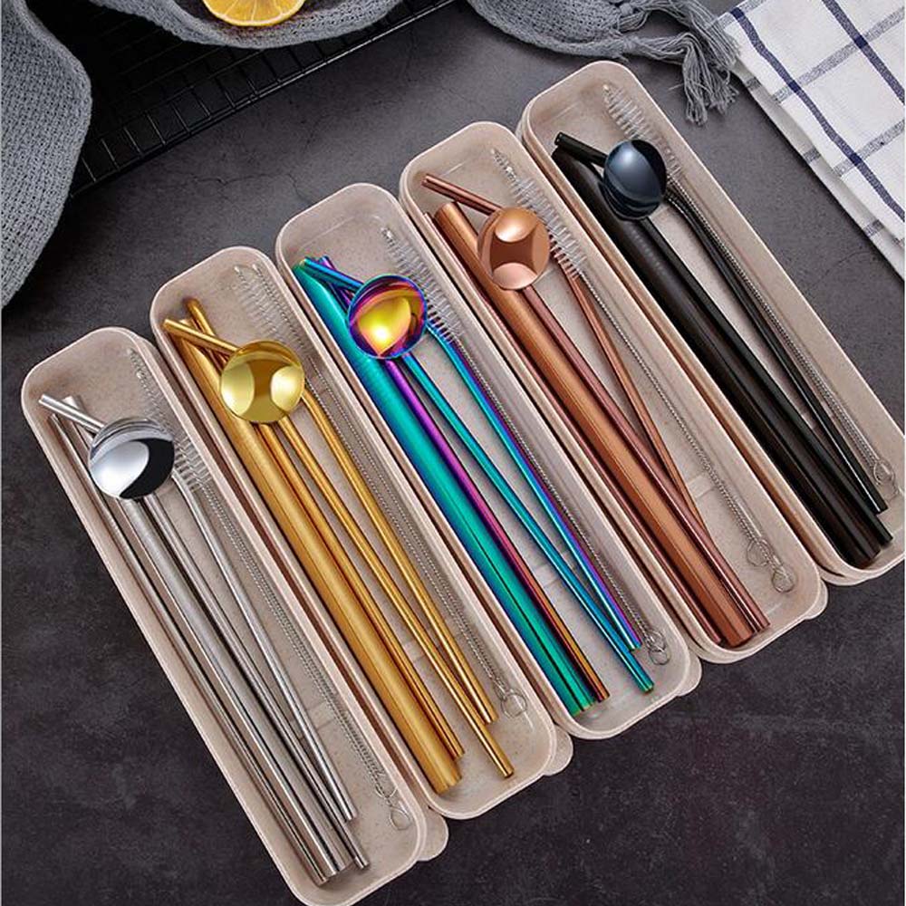 25cm Stainless Steel Spoon Straw with Cleaning Brush,Eco Friendly and Reusable Spoon Straws,Long Metal Drinking Straws for Cocktail and Bubble Tea,Coffee Set of 4