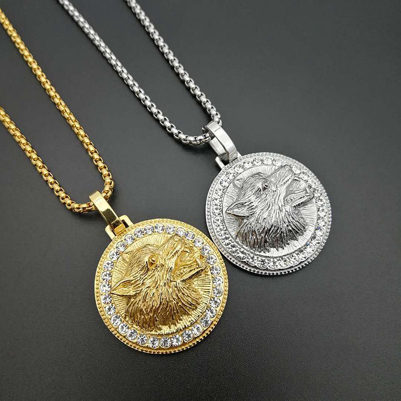 

Hip Hop Bling Iced Out Gold Silver Color Stainless Steel Wolf Head Round Pendants Necklaces for Men Rapper Jewelry
