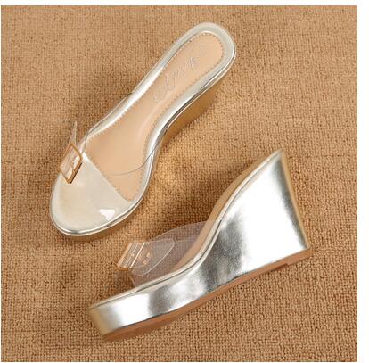 

2020 Women Slippers Shoes High Heel 9.5cm Casual Beach Shoes Wedge Skid Slippers Summer Lady Sandals Silver Bling Slides, Beige
