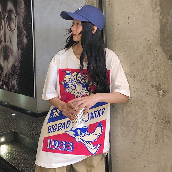 

Wholesale-New 2019 summer fashion 3 little pigs Print white loose long tshirt femme short sleeve harajuku Vintage tops