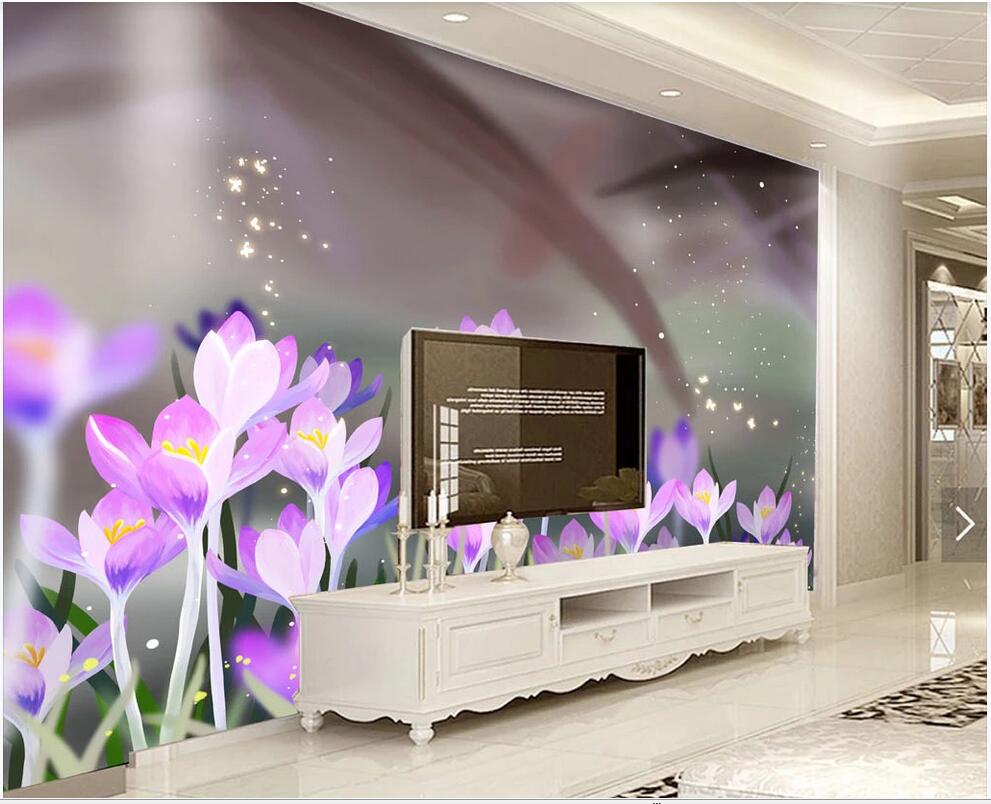 

3d landscapes wall custom murals Hand painted beautiful purple flower bush background wall 3d mural on the wall, Non-woven fabric