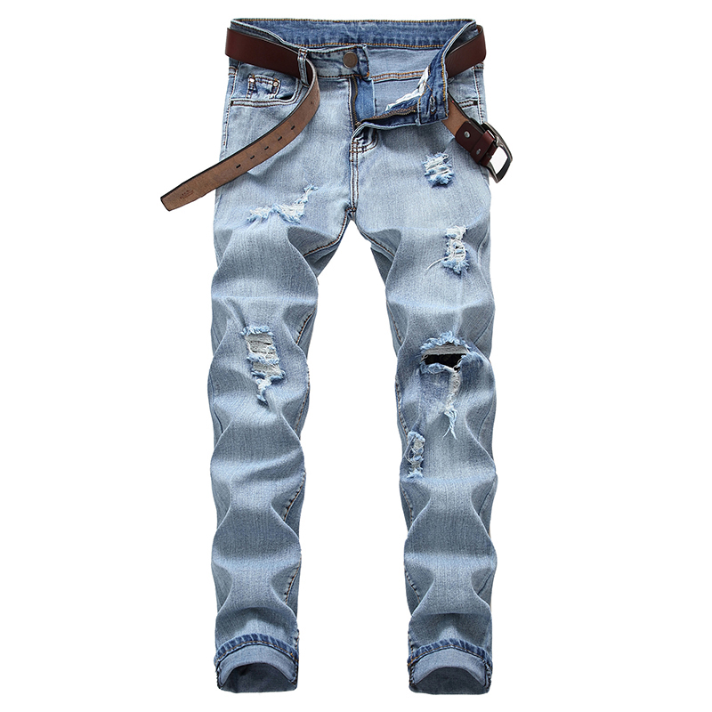 

Men jeans ripped pants 100% cotton new pants jeans straight brand high quality printing hole destroyed plus size, Light blue