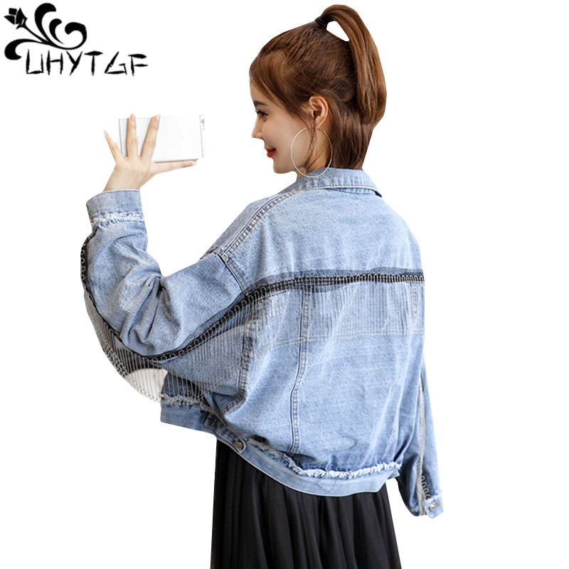 

UHYTGF Spring autumn Jean jacket Womens Loose plus size coat Fashion bat sleeve tassel short coat outerwear jaqueta feminina 505, Photo color