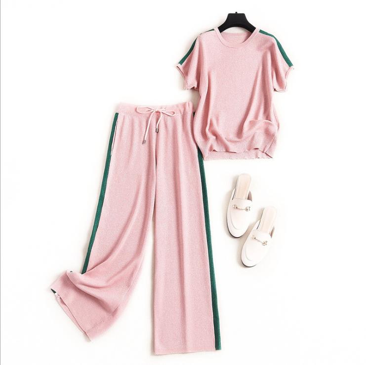 

New European and American women's dresses for spring 2020 Short sleeve knit T-shirt Pants elastic waist nine minutes suit, Pink