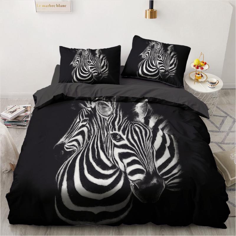 

3D Bedding Sets Black Duvet Quilt Cover Set Comforter Bed Linen Pillowcase King Queen 200x200cm Size Animal Zebra Design Printed, Zebra003-black