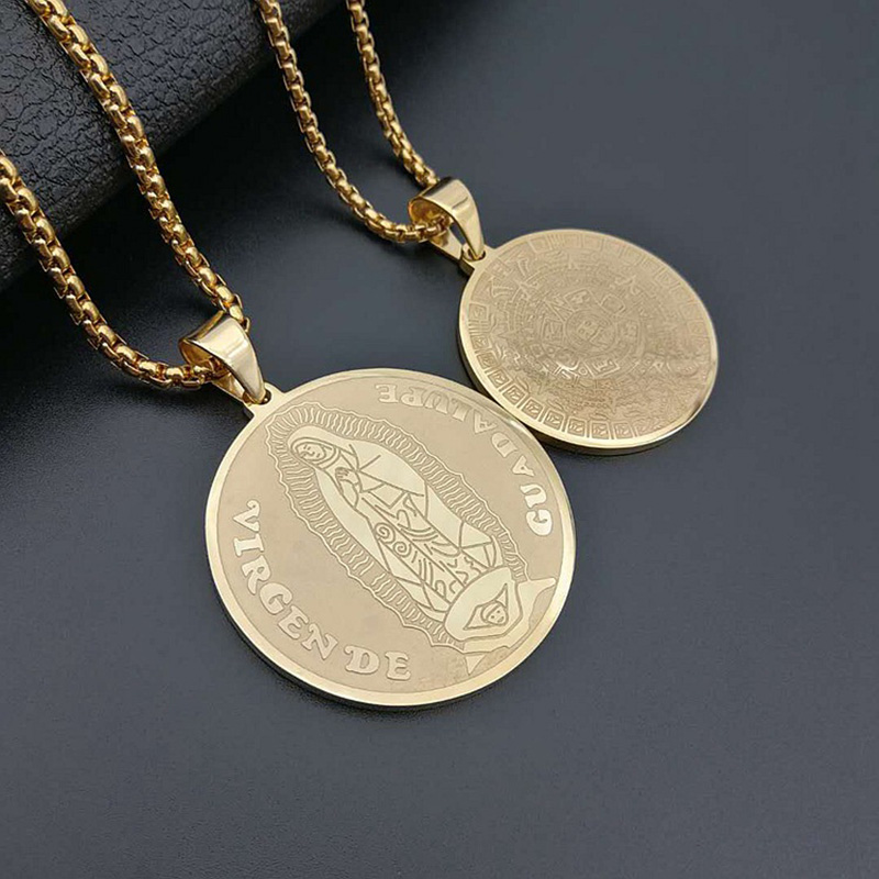 

Hip Hop Gold Color Stainless Steel Mayan Sundial Memorial Virgin Mary Pendants Necklaces for Men Rapper Jewelry Drop Shipping