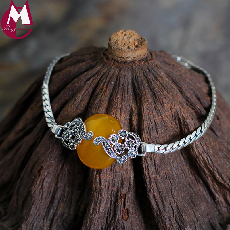 

100% 925 Sterling Silver Bracelets For Women Vintage Yellow Agate Charms Bracelet Girl Gift Fine Plant Plum Blossom Jewelry SB20