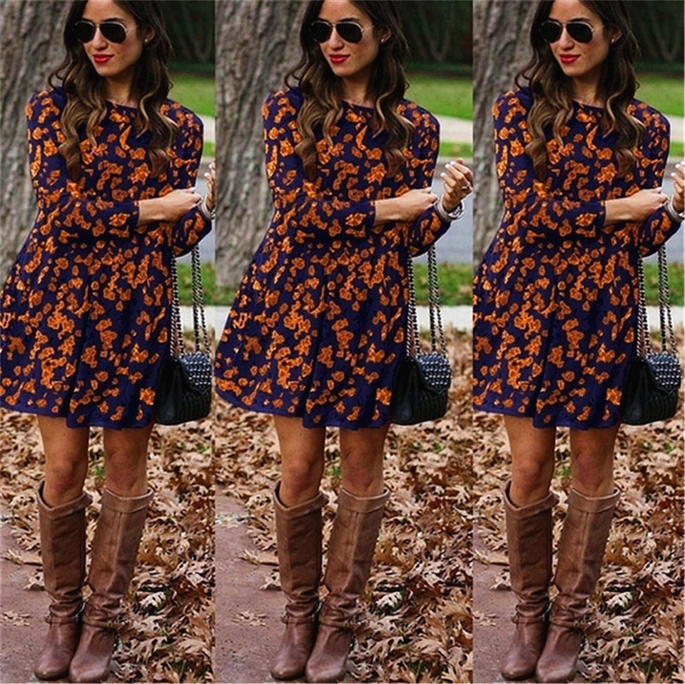 

Februaryfrost Women Long Sleeve Floral Printed Midi Dresses Elegant Knee-Length Casual Winter Autumn Dresses Plus Size, Orange