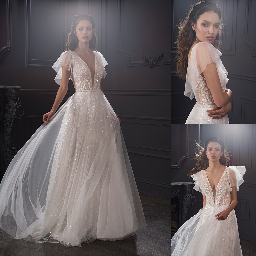 

2020 Bohemian Bridal Dresses V Neck Appliqued Beaded Sequins Wedding Dress Sleeveless Backless Sweep Train Custom Made Beach Robes De Mariée, Brown