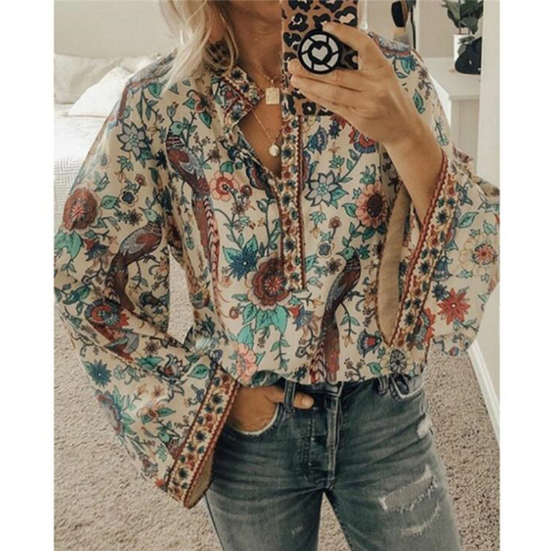 

Ladies Hippie Tunic Blouse Shirt Autumn Casual Top Elegant Women Boho Lantern Long Sleeve Loose V Neck Floral Shirts Tops, Red