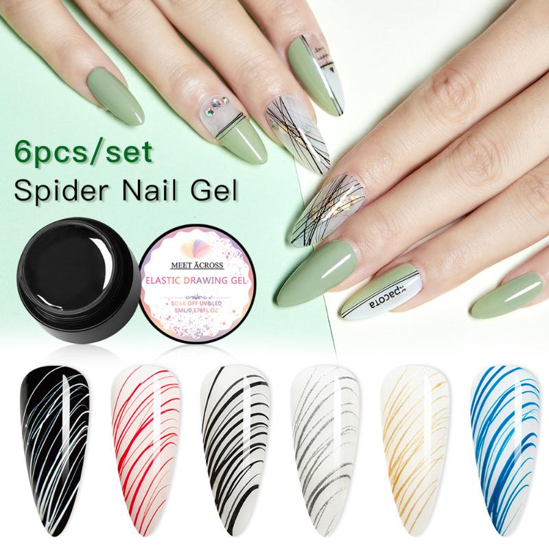 

MEET ACROSS 6Pcs Nail Wire Drawing Gel Polish Set Creative Point To Line Painting Gel Polish Spider Elastic Nail, Hzh04557