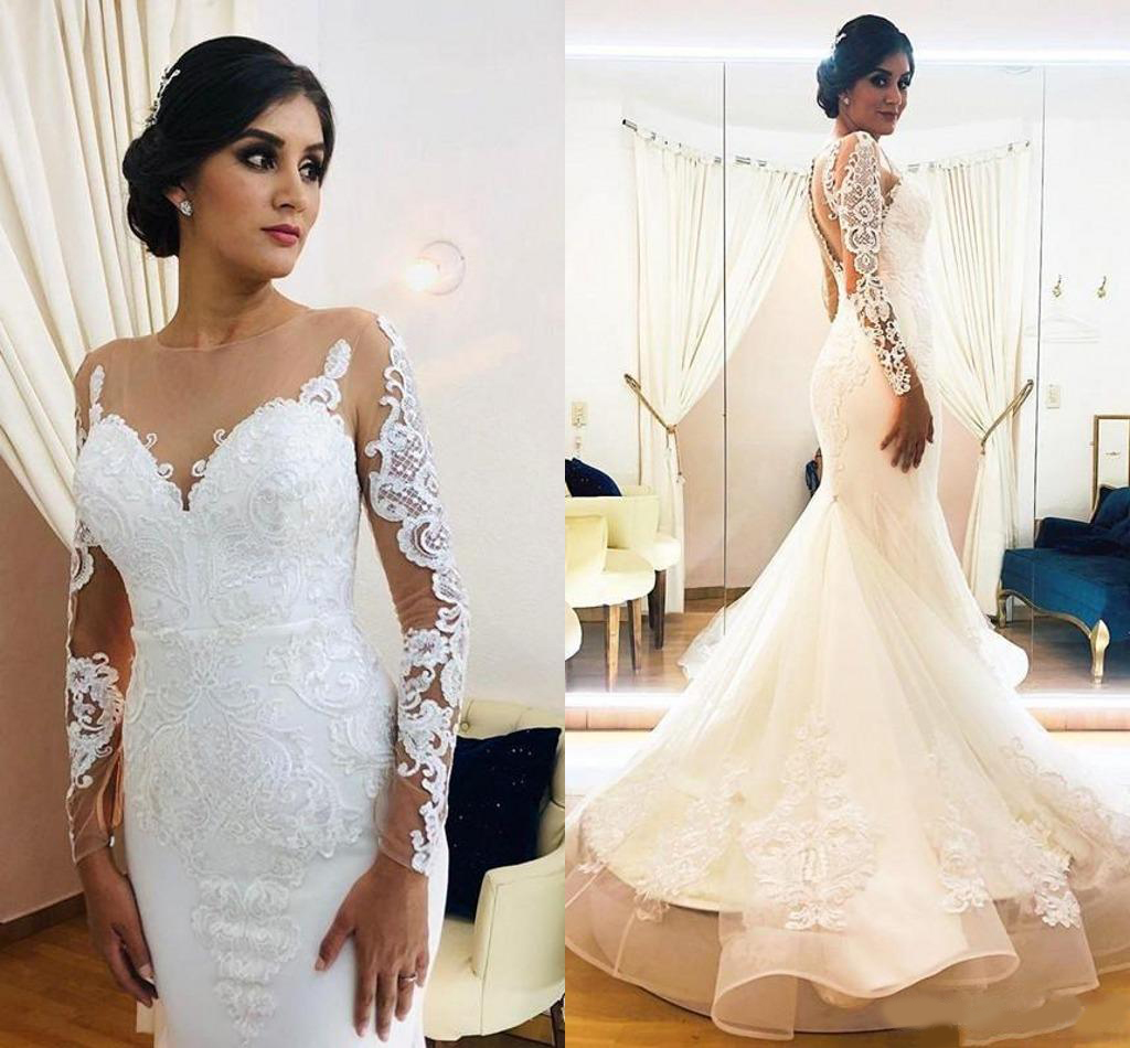 

2020 Mermaid Wedding Dresses Arabic Sheer Long Sleeves Jewel Neck Appliqued Lace Bridal Gowns Illusion Button Back Robes De Mariee, Silver