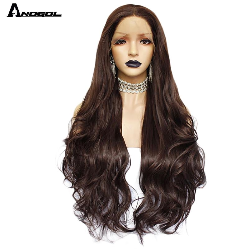

Anogol 2# Dark Brown Natural Wave Wigs For Women Heat Resistant High Temperature Fiber Synthetic Lace Front Wig, #8