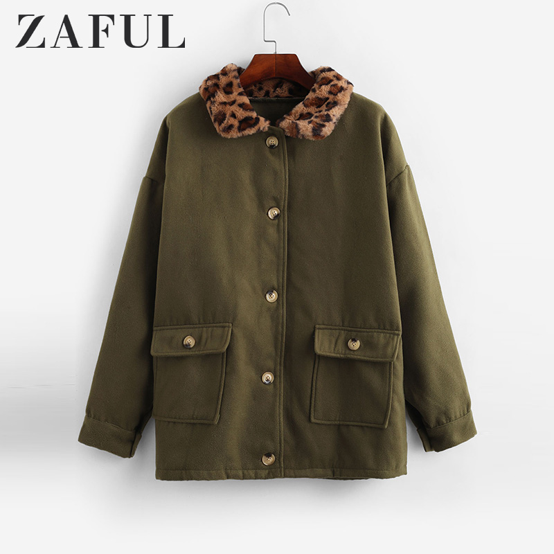 

ZAFUL New Casual Autumn Winter Coat Women Outerwear Parka Big Natural Real Leopard Fur Collar Wool Blends Solid Slim Thick Coats, Fern green