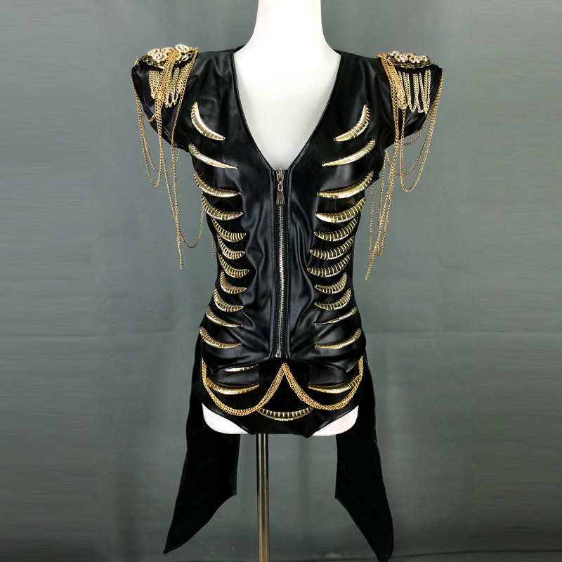 

Heavy Industry Metal Chain PU Leather Sexy Tops Shorts Two-Piece Female Singer Nightclub Bar DJ Stage Perform Costume DWY3270, As picture