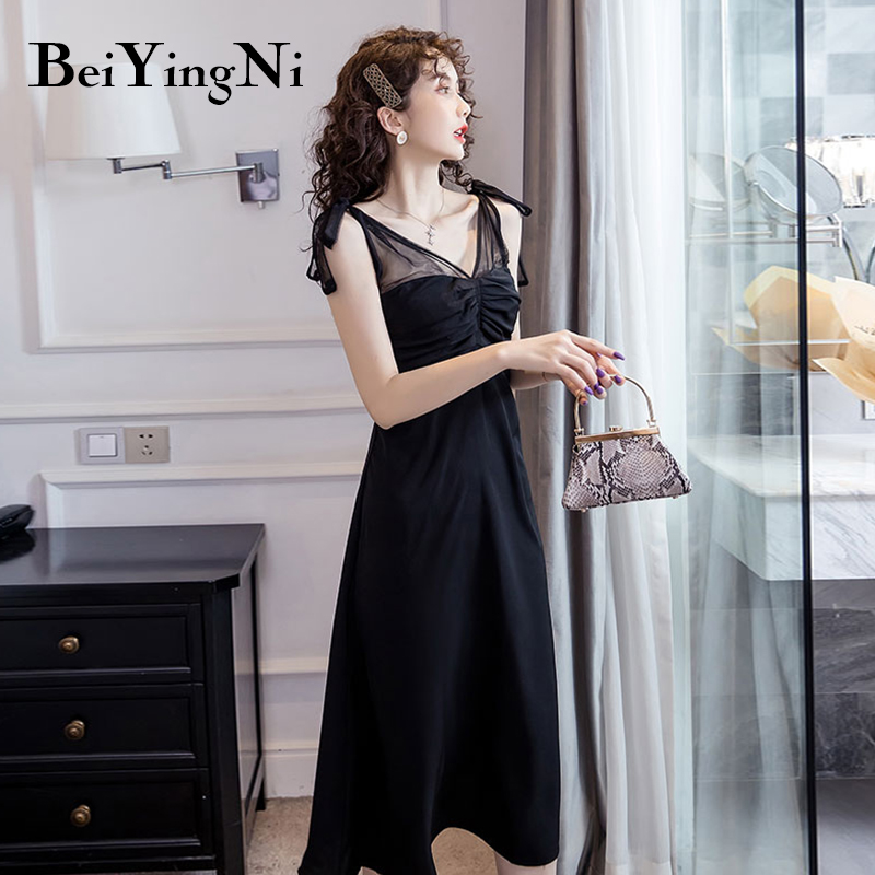 

Beiyingni French Long Women Dress Lace-up Elegant Slim Maxi Spaghetti Strap 2020 High Waist Dresses Vintage Casual Ropa Mujer, Black
