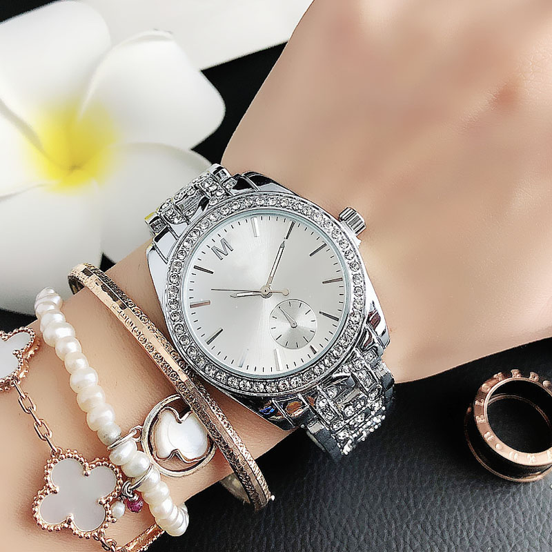 

Fashion M design Brand Watches women Girl crystal style Metal steel band Quartz Wrist Watch M107, All gold