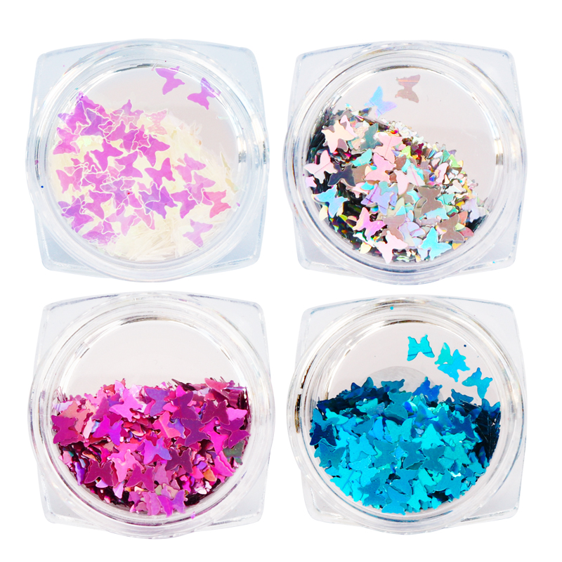 

4box/set Holographic Butterfly Shape Nail Glitter Flakes DIY Round Nail Art Shiny Powder for UV Gel Polish Art Decorations