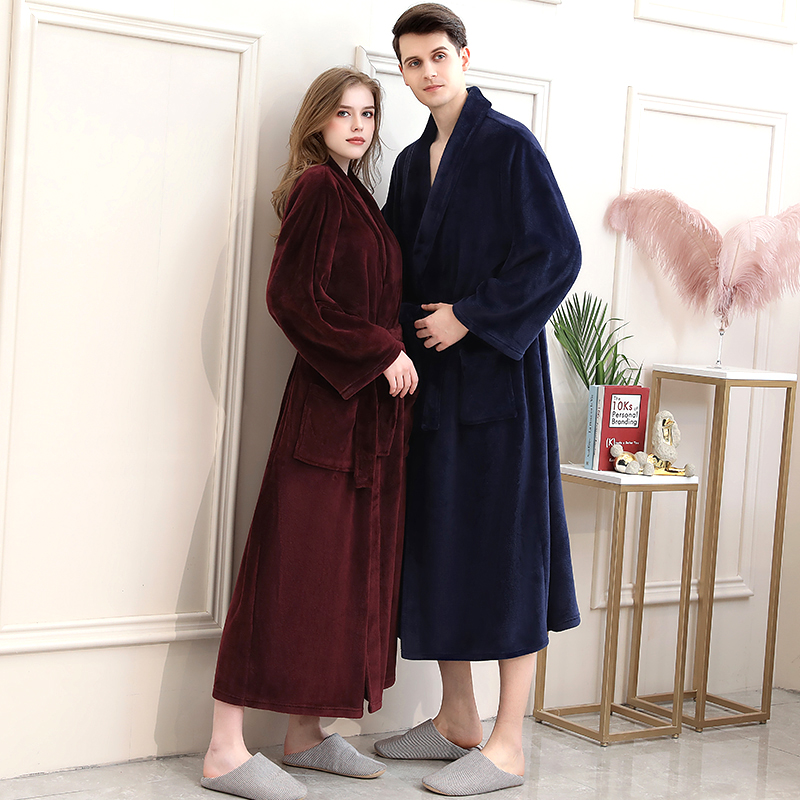

40-130KG Plus Size Men Winter Long Plaid Warm Coral Fleece Bathrobe Flannel Bath Robe Kimono Robes Dressing Gown Night Sleepwear, Women navy