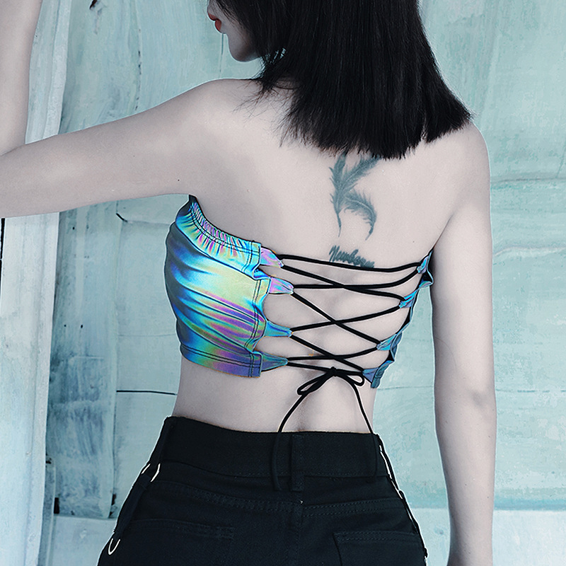 

2020 Summer Woman Streetwear New Reflective Sexy Tops For Women Clubwear Lace Up Backless Cami Top Tube Harajuku Croptop