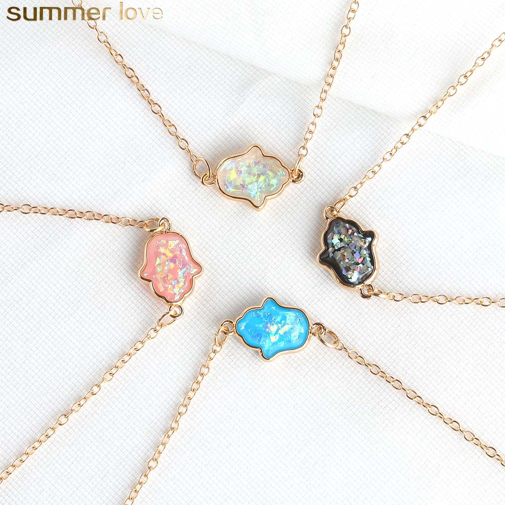 

Blue Resin Hamsa Necklace Resin Stone Hand Fatima Pendant Necklaces Gold Chain Choker For Women Fashion Jewelry, Silver