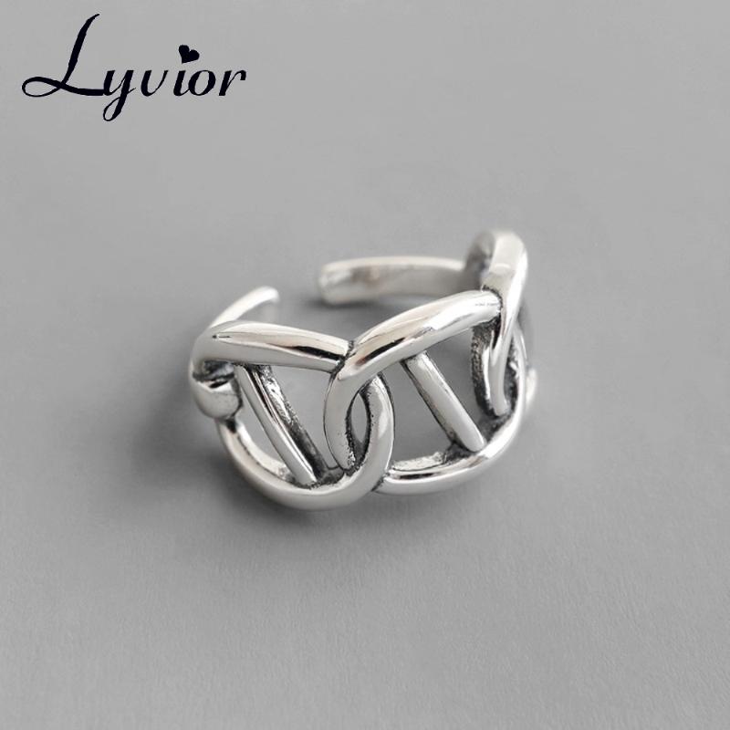 

Lyvior Vintage Retro 925 Sterling Silver Jewelry Woman Fashion Personality Wild Wide-faced Hollow Chain Female Ring