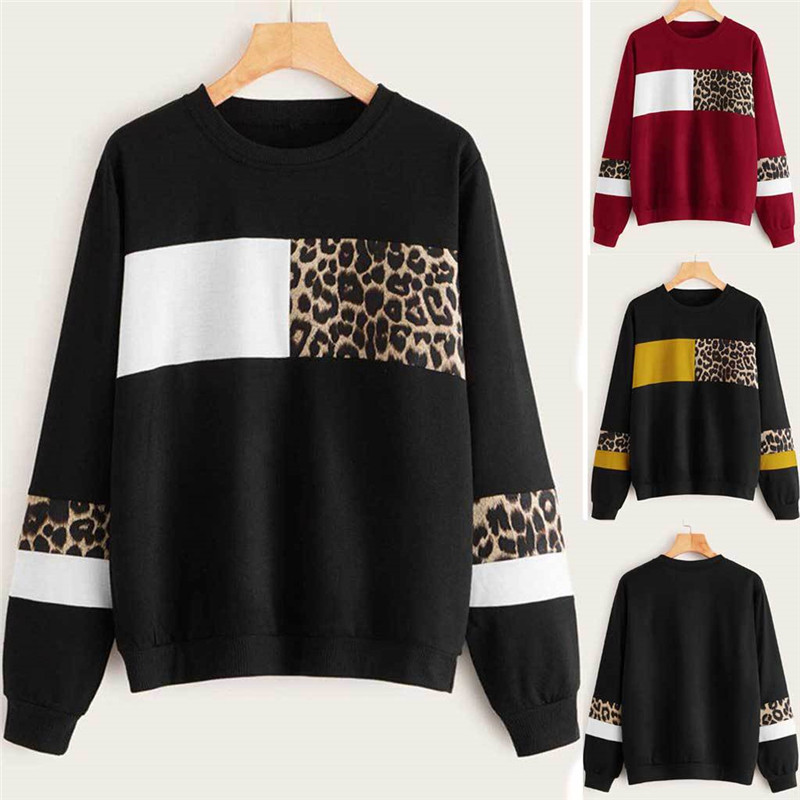 Femmes imprimé léopard Sweat-shirt ras du cou à manches longues Sweat-shirt Patchwork Tops Sudadera Mujer Moletom Kawaii Roupas