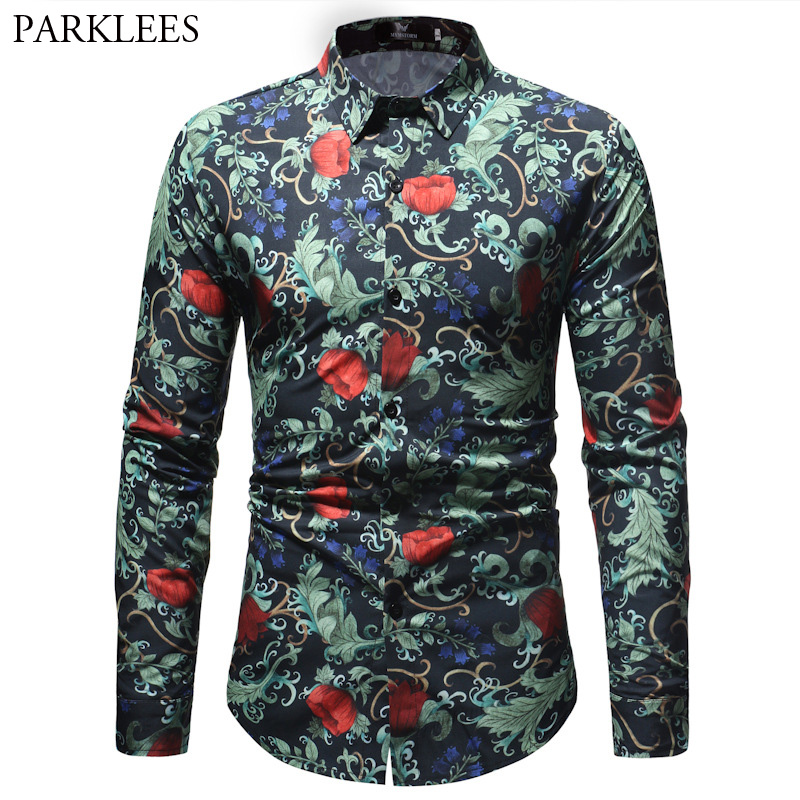 

3D Floral Print Long Sleeve Shirt Men 2020 Brand New Hawaiian Shirt Mens Casual Button Down Dress Camisa Social Masculina, As picture show