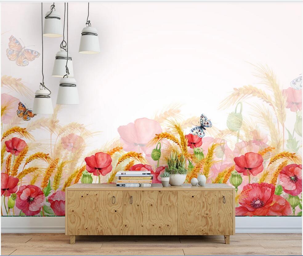 

3d photo wallpaper on a wall custom mural Hand painted poppy flower butterfly wheat field natural background wall wallpaper for walls 3 d, Non-woven
