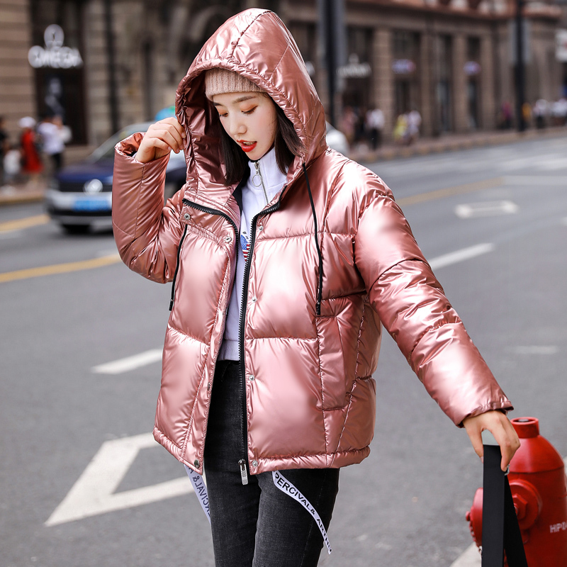 

2019 new fashion winter coat women Hooded Glossy Down cotton Coat Casual Thick Warm jacket Female Streetwear outwear parkas M203, Black