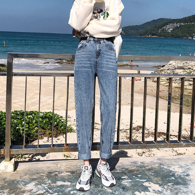 

2020 Boyfriend Jeans For Women High Waist Loose Streetwear Female Denim Harem Pants Ripped JeansMom Jeans Denim Harem Pant blue
