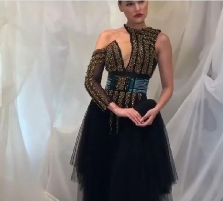 

Evening dress Yousef Aljasmi black Ball gown Beads One shoulder Belt Floor Length Long Sleeve Zipper, Same with picture