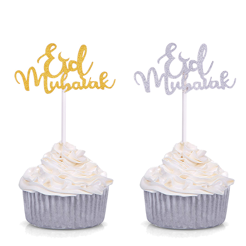 

EID Ramadan Festival Bunting Islamic Muslim Mubarak Party Decoration Gold Silver Glitter Eid Mubarak Cupcake Toppers