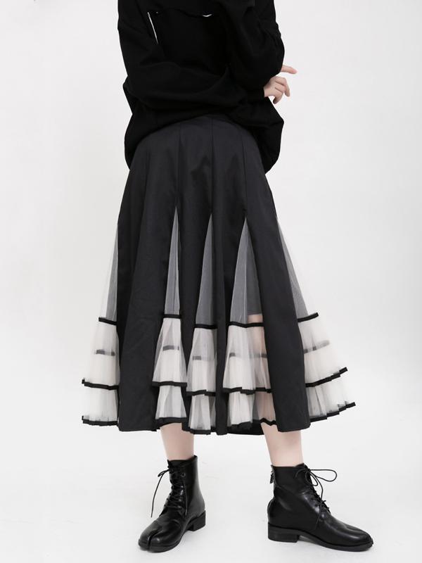 

2020 New Summer Women Pleated Skirt Original Design Female Popular Mesh Lace Skirt Ladies Midi Fashion Jupe plissée femme, Black