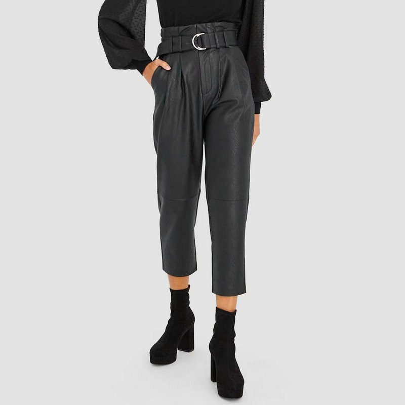 

2020 Autumn Winter Women Black Fleece Hight Waist Faux Leather Suit Pants Sashes Belt Office Ladies Warm PU Leather Trousers, Hy8783 black
