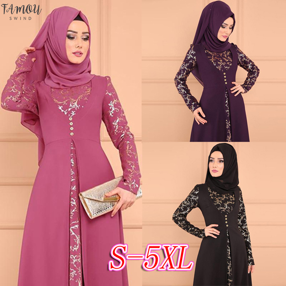 

Plus Size 5XL Dubai Long Sleeve Dress Women Muslim Fake Two Piece Party Dresses Ethnic Islamic Costume Abaya Clothing, Black