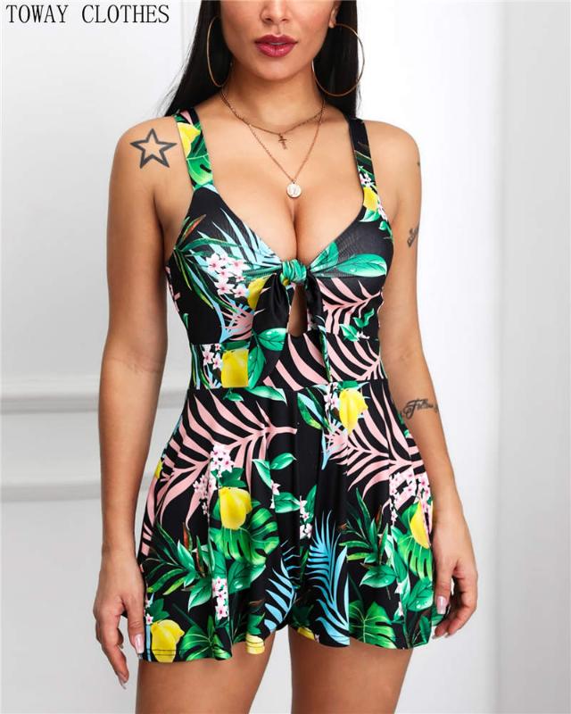 

2020 Summer Women Elegant Vacation Print Knotted Front Casual Rompers Strap Sleeveless Overalls Jumpsuits, Green jumpsuit